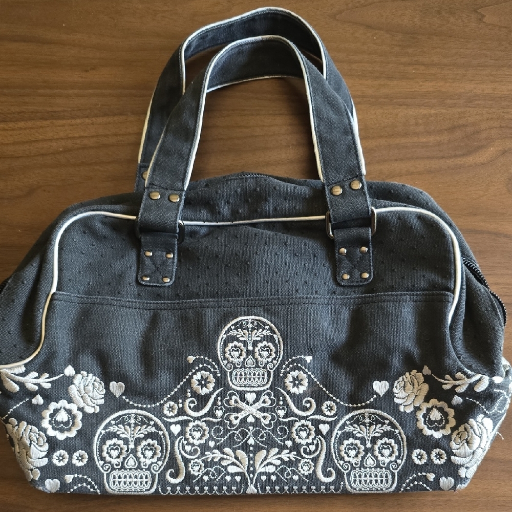 LOUNGEFLY denim Cotton Canvas Gray and White Sugar Skull Duffle Bag